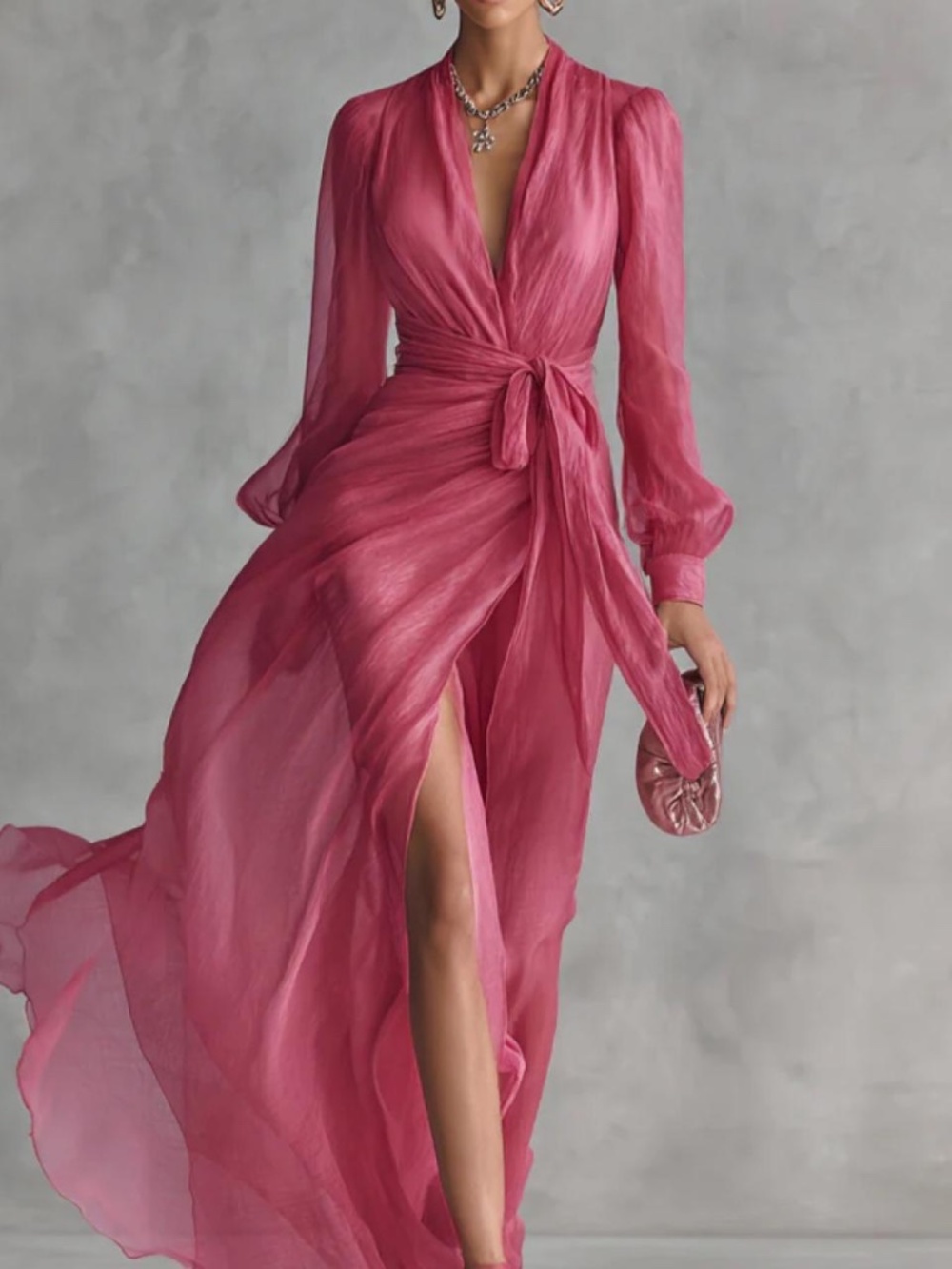 MODESEES pink v-neck tie dress